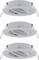 Three recessed spotlights in white, positioned side by side, display their round, adjustable lamp inserts.