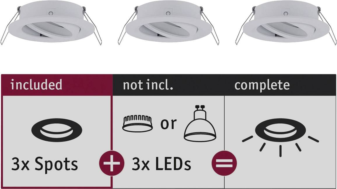 Three white recessed spotlights. Left 'included' with '3x Spots', in the centre 'not incl.' with '3x LEDs' and right 'complete'.