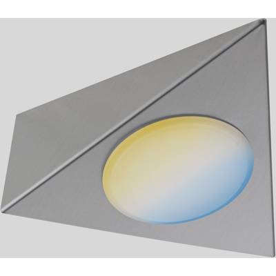Triangular silver wall lamp with a round, two-coloured light field in yellow and blue at its centre.