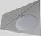 A triangular, silver LED light with a round, white light diffuser is situated on a grey surface.
