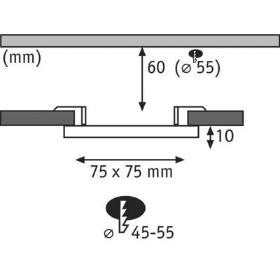 Cross-section of a ceiling recessed light: Clearance 10 mm, installation dimensions 75 x 75 mm, installation depth 60 mm, drilling hole 45-55 mm diameter.