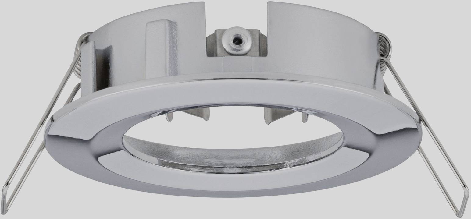 A silver round mounting ring for recessed spotlights with protruding metal clips for securing.