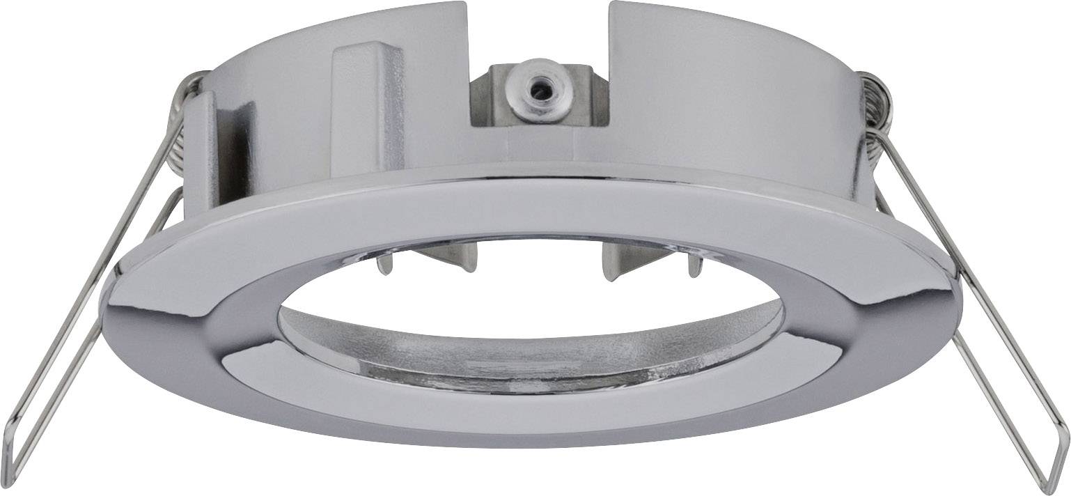 A round, silver mounting bracket for recessed lighting with two side clips for fastening, shown in side view.