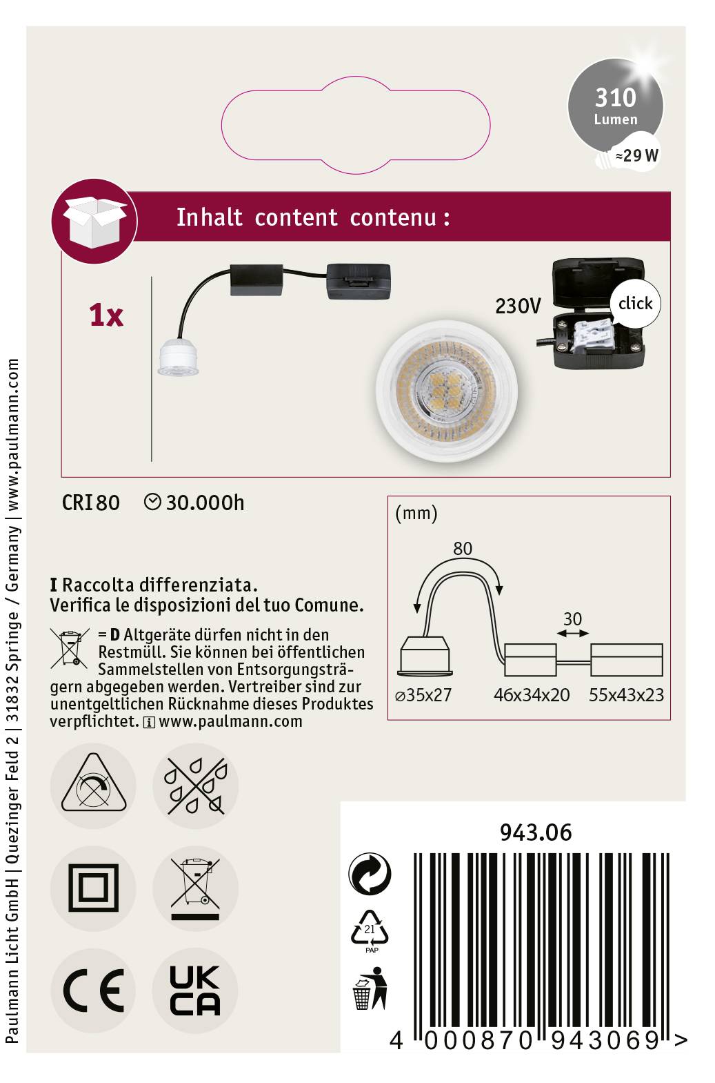 Packaging of an LED lamp. Top: Light output 310 lumens, 29W replacement. Middle: Sketch of the lamp with EU plug. Bottom: Barcodes, recycling instructions.