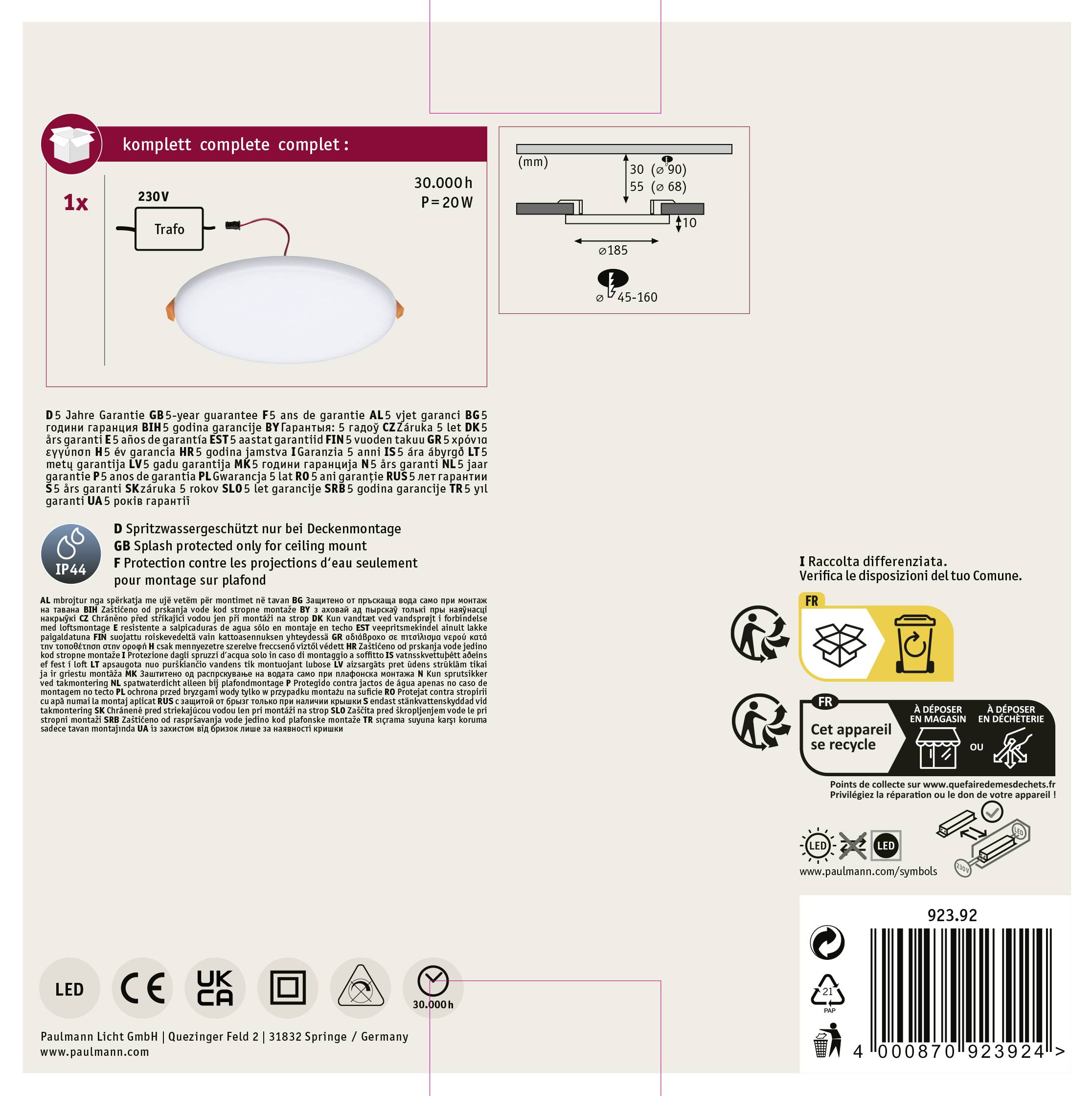 Paulmann 92392 EB Panel Veluna VariFit LED recessed light LED (monochrome) Built-in LED 17.50 W Satin-4