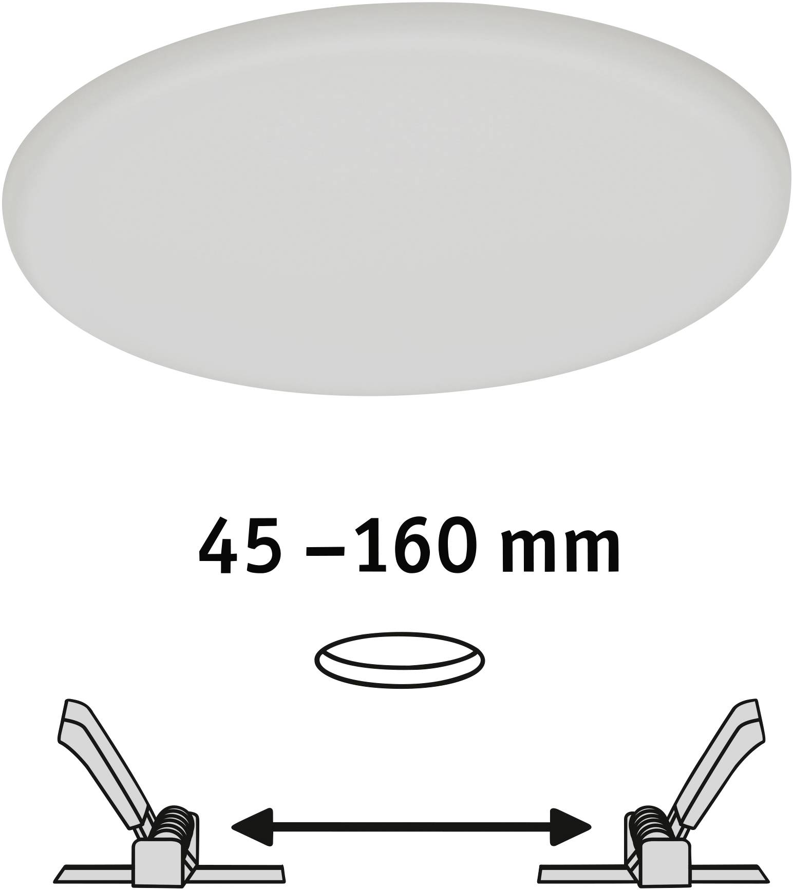 'Round LED Light', diameter adjustable: 45-160 mm, with tool illustration for size adjustment.