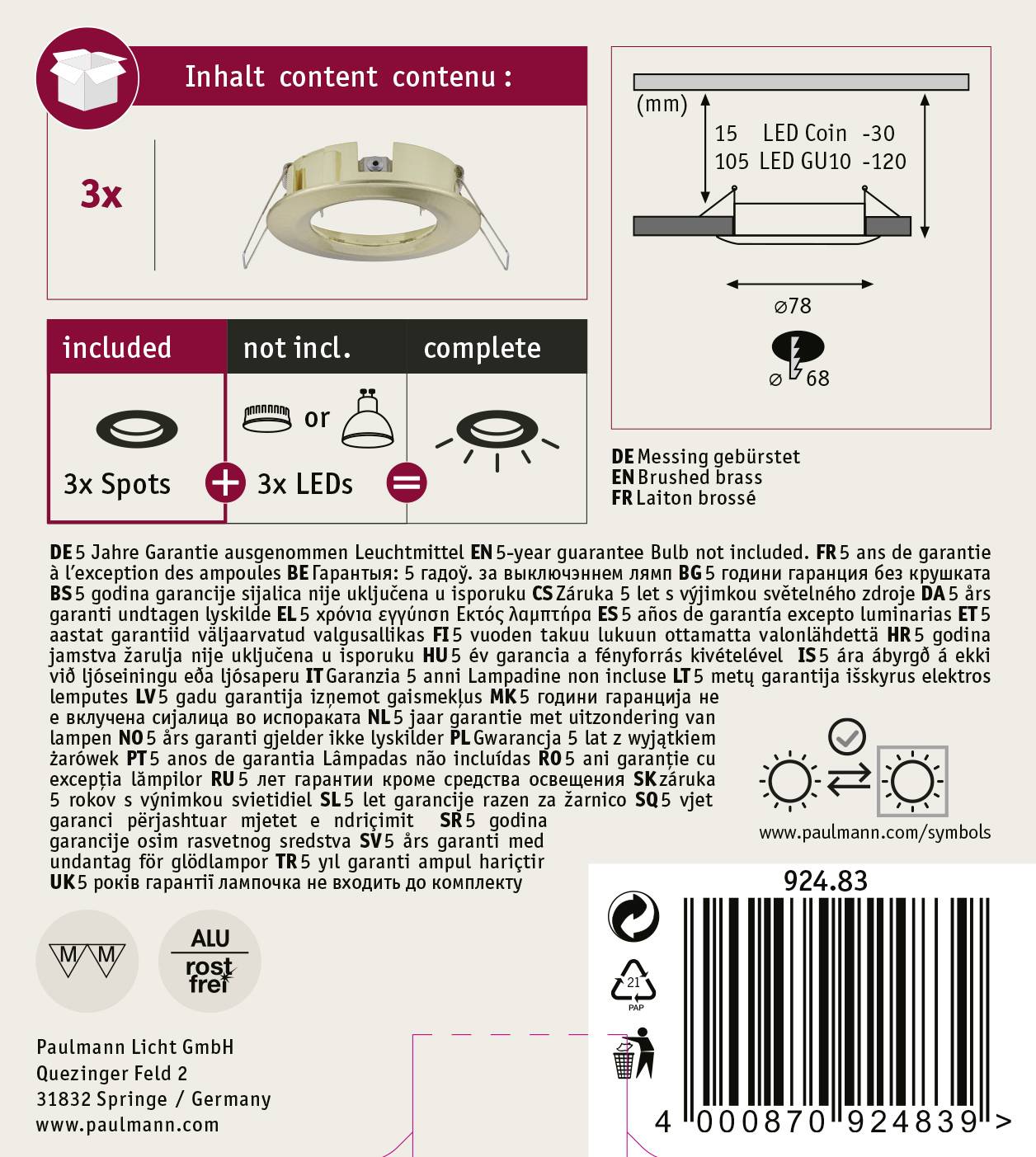 'Paulmann' LED Light Packaging with an image of spotlights, contents details and technical information in multiple languages.