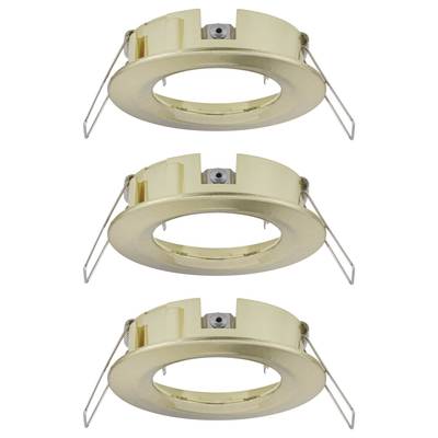 Three round, golden recessed ceiling mounting frames arranged vertically, without light sources.