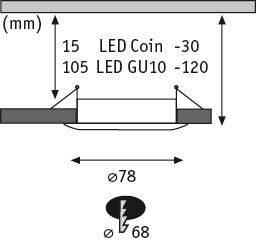 'Installation height in mm', with dimensions: '15 LED Coin', '105 LED GU10'. Diameter: 'ø78', ceiling cut-out: 'ø68'. IP68 protection rating symbol.
