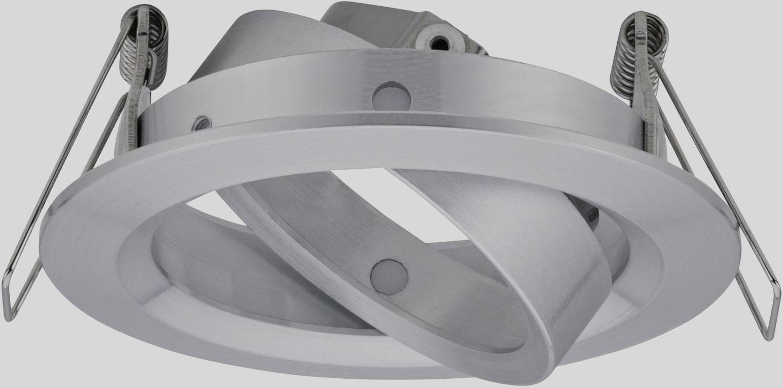 A silver-coloured metallic LED recessed ceiling spotlight with a pivoting round housing.