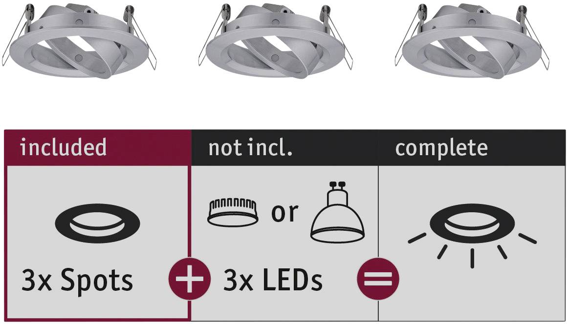 Three grey ceiling spotlights. The diagram shows that a complete installation requires three spots and LEDs.