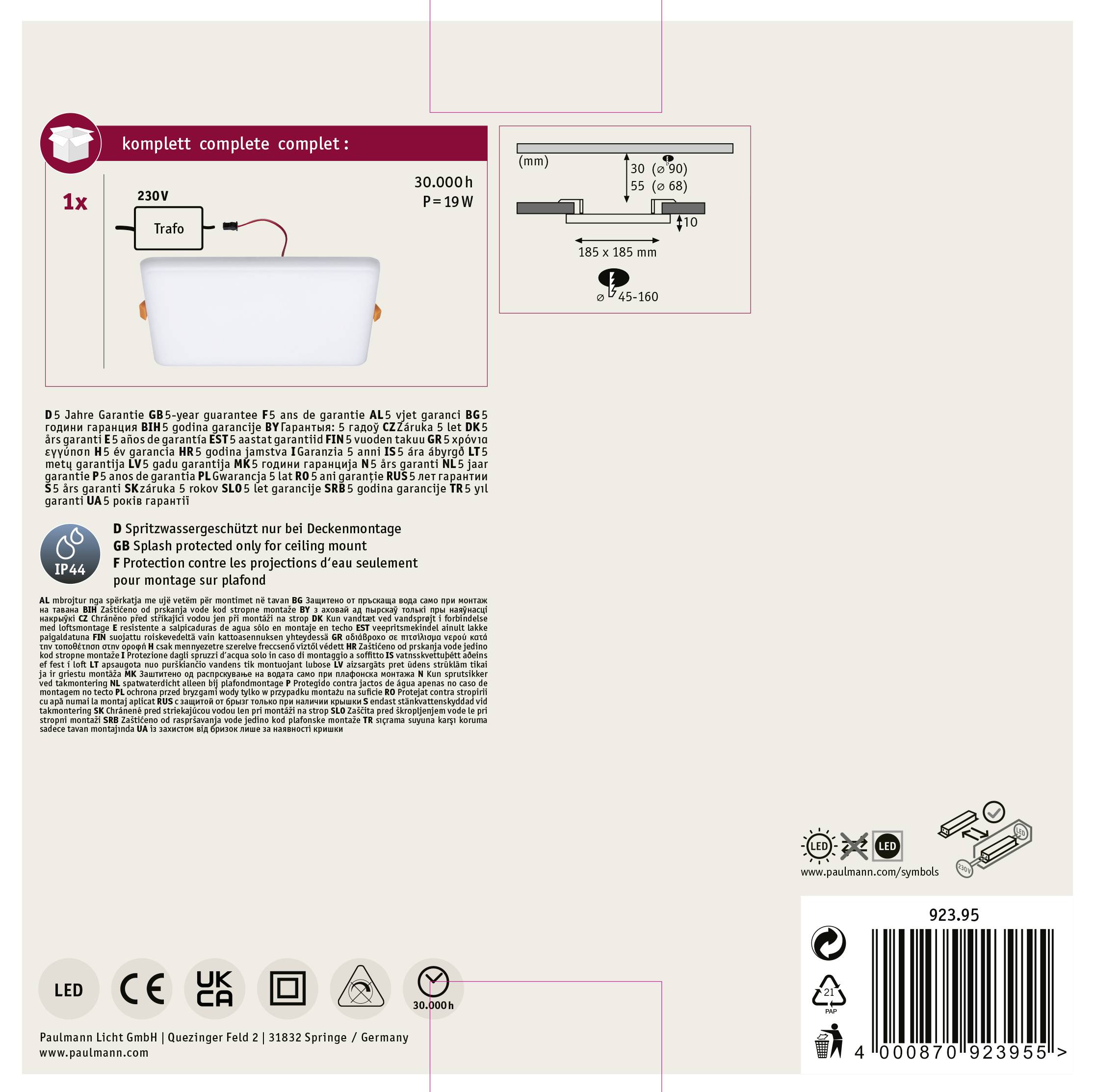 'LED recessed light set, square. Power: 19 W, 230 V. Luminous flux: 3000 lm. Includes transformer. Suitable for ceiling mounting.'