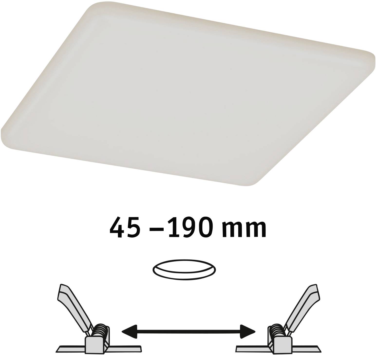 Rectangular, flat ceiling light with adjustable mounting width from 45 to 190 mm. Below that, a simple installation diagram.