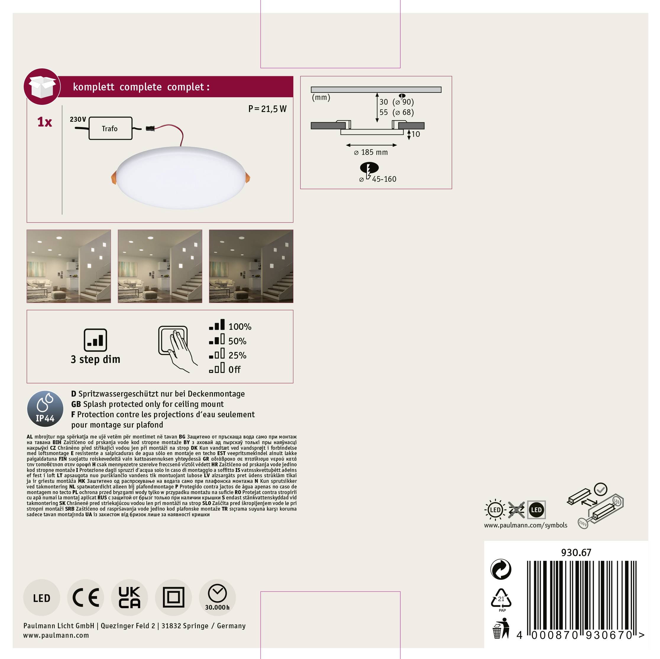 'Packaging for LED ceiling light, 21.5W, IP44. Image shows lamp and description in multiple languages with technical details and installation instructions.'