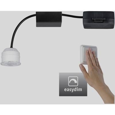 A hand presses a light switch to dim an LED lamp with easydim technology.