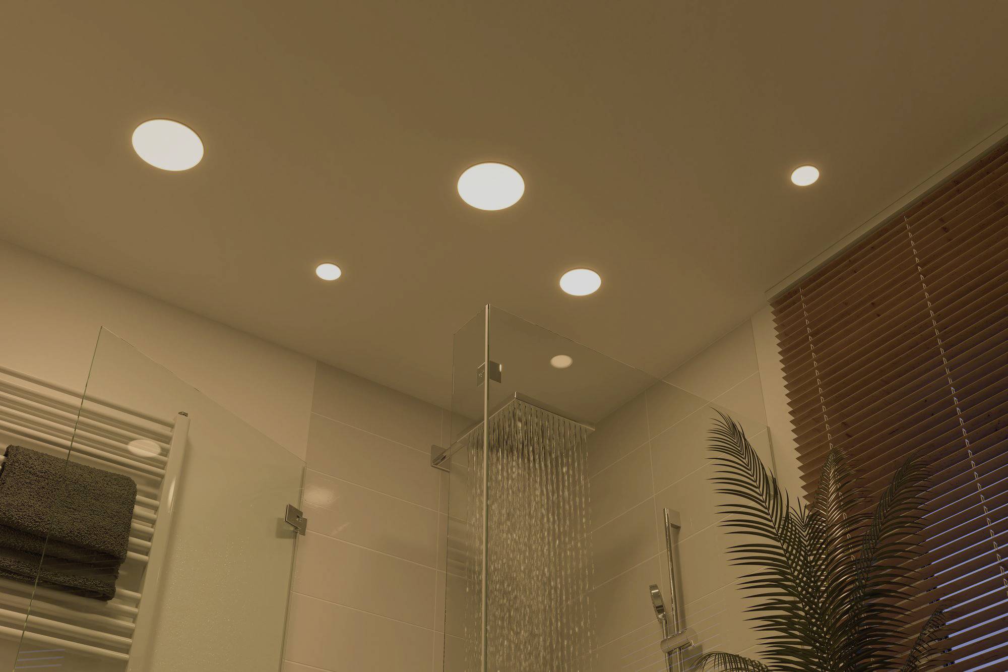 A bathroom with multiple recessed ceiling lights, a glass shower and a modern plant in the corner.