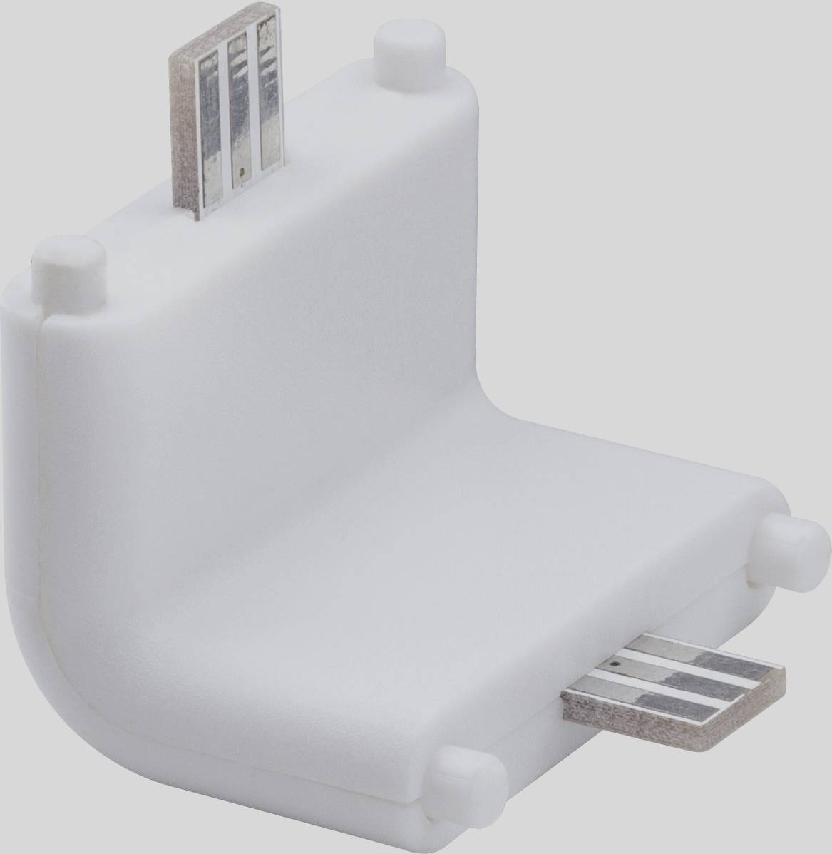 A white, L-shaped USB adapter with two different plug types at the ends, suitable for connecting devices.