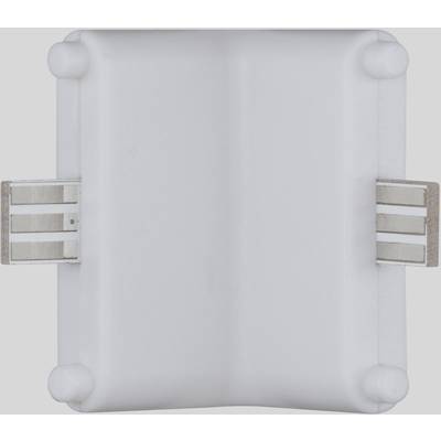 A white plastic clip connector with metallic contacts on both sides, suitable for connecting flexible LED strips.