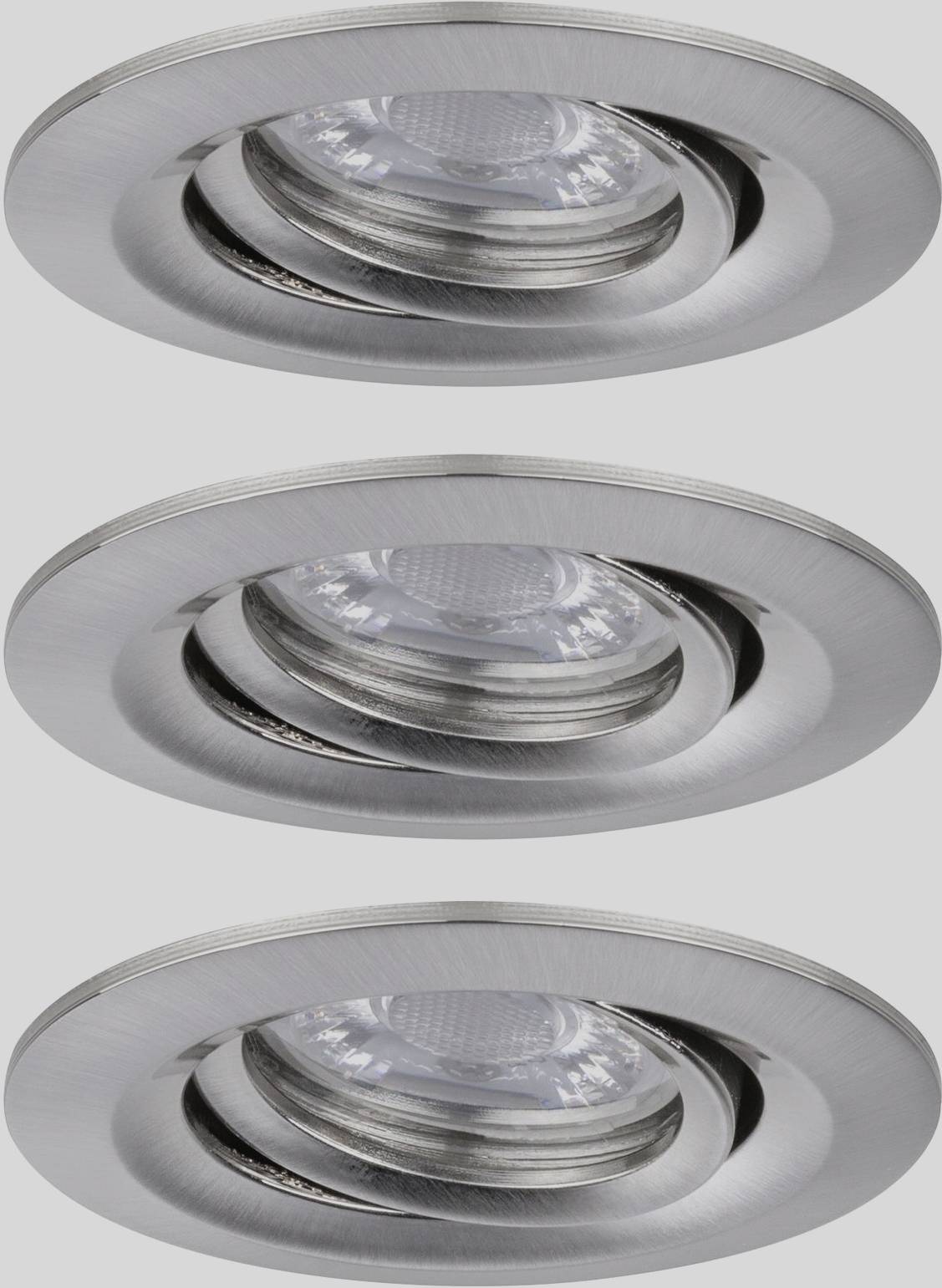 Three circular, chrome-plated recessed ceiling spotlights arranged in a row, against a grey background.