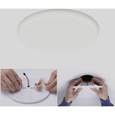 Round ceiling light made of plastic and glass, Installation process: two hands connect wires to the light and secure it to the ceiling.