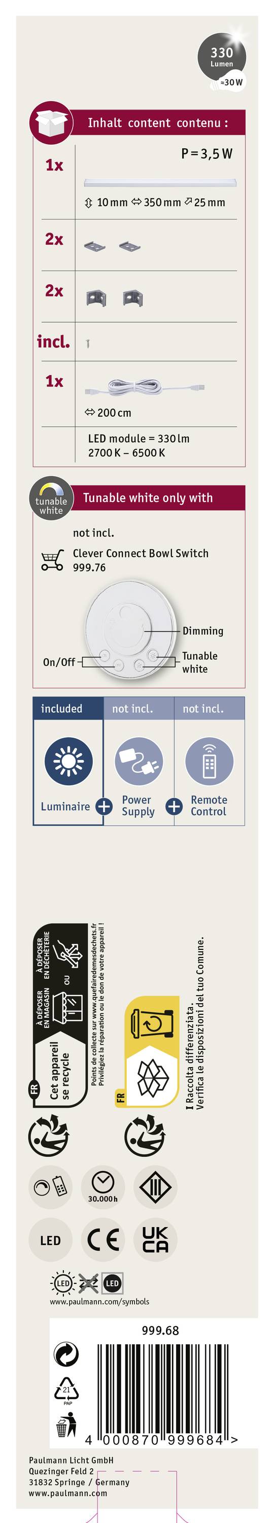 'R7s' LED Lamp, 78mm, 4W, 380 lumens, warm white, Energy Rating F, non-dimmable. Pictograms explain functions and safety signs.