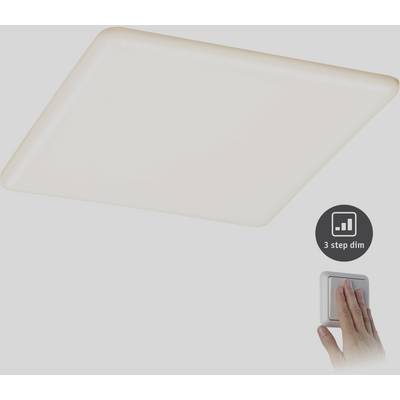 A square ceiling light with adjustable brightness in three stages. Beside it, a hand operating a light dimmer.