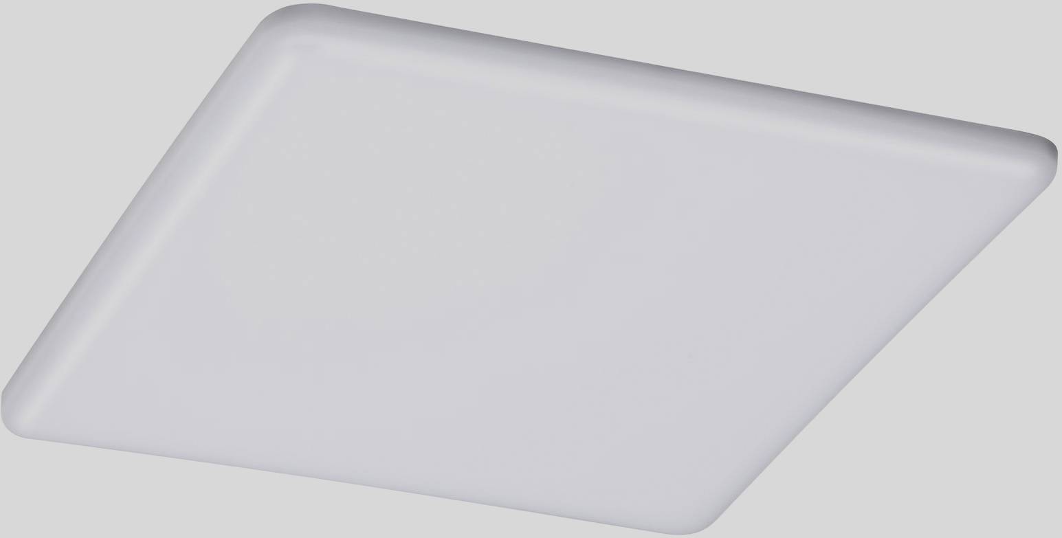 White, square LED ceiling light, designed in a minimalist and modern style, against a grey background.