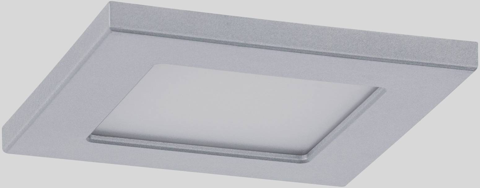 Flat, square LED ceiling light in silver finish, suitable for modern interiors. Ideal for uniform illumination.
