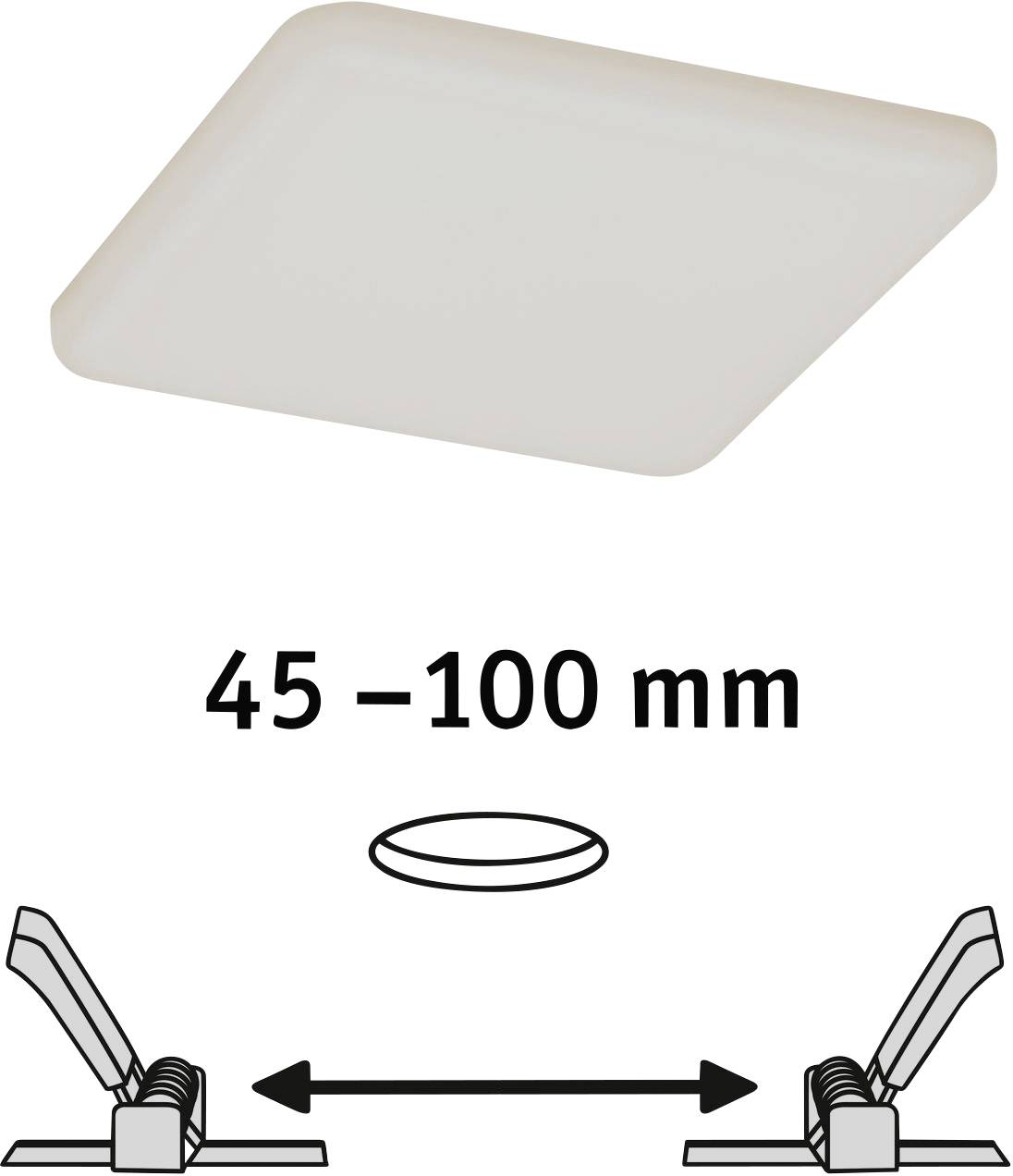 Square ceiling light with dimension specification '45–100 mm' and mounting instructions below, showing flexible mounting option.