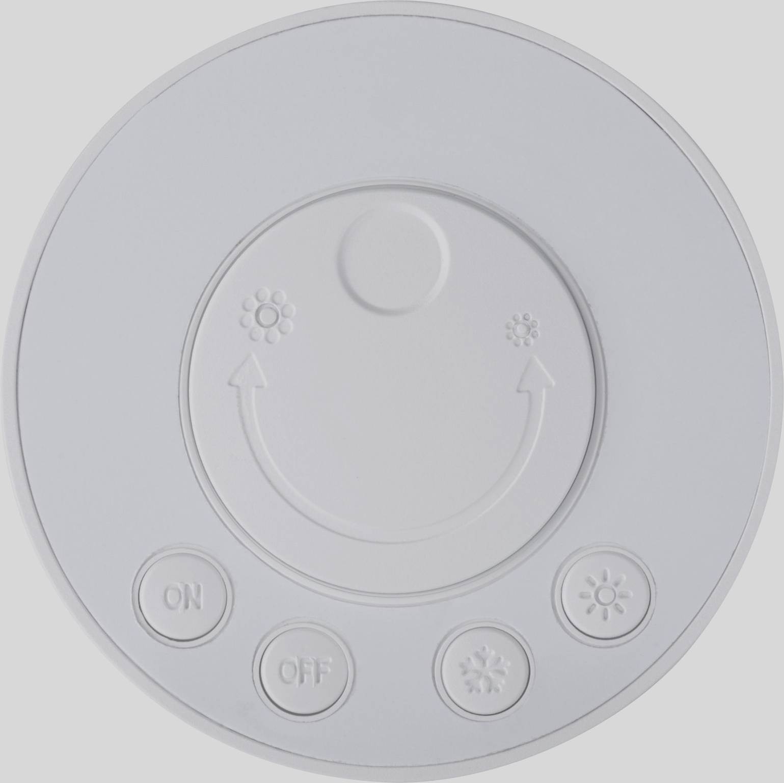 A round ceiling fan switch with three symbols: a snowflake for cooling, two arrows for circulation, and another snowflake. Three buttons: 'ON', 'OFF', and a snowflake symbol.