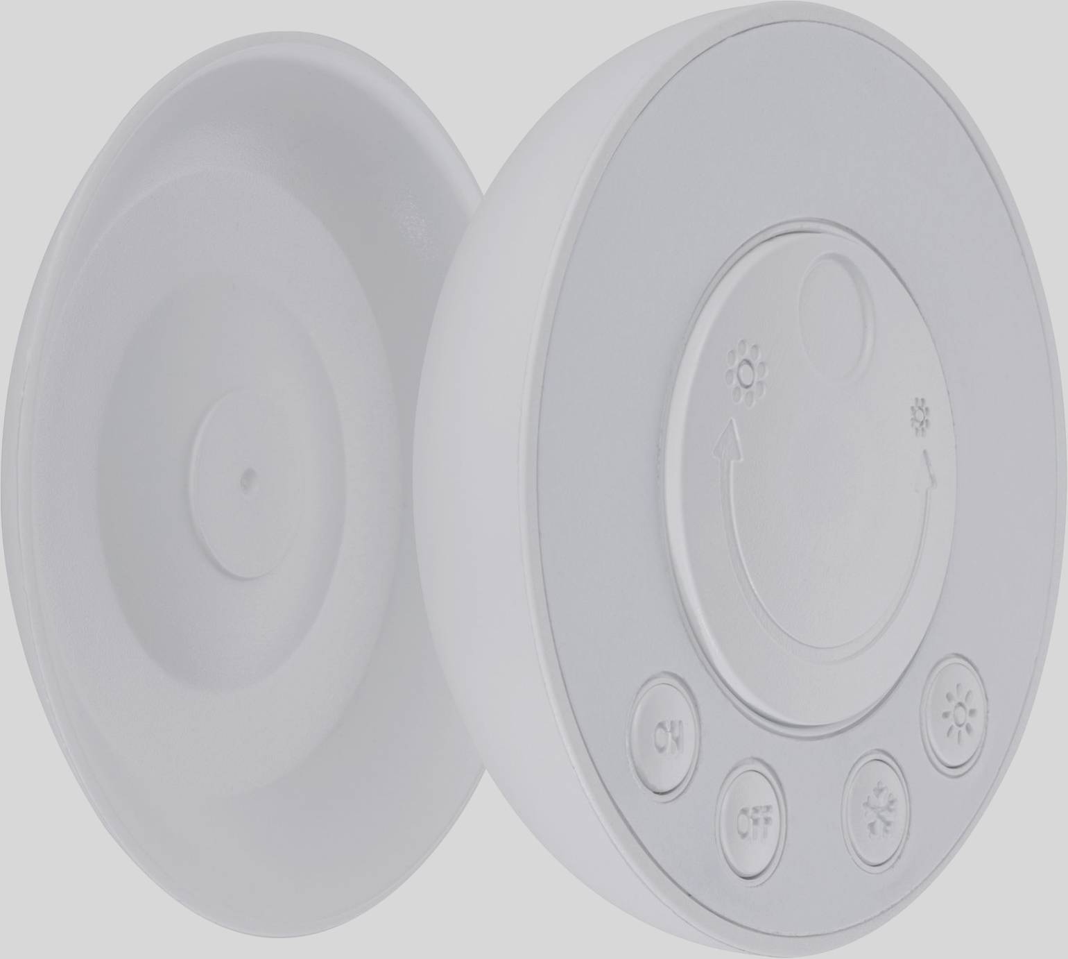A white, circular light switch with five buttons. The buttons are marked with symbols for On, Off and brightness settings.