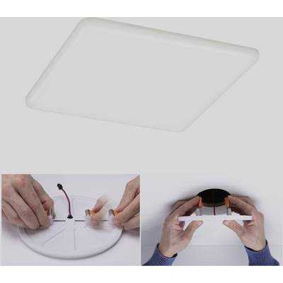 A square LED panel is illuminating, with hands nearby installing it. One hand is showing the wires, the other demonstrating how the mounting bracket clicks into place.