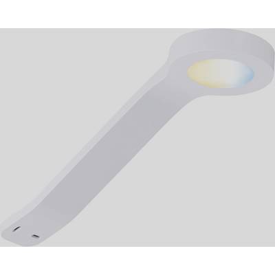 A modern LED wall light in white with a curved arm and a round, illuminated head that emits warm light.