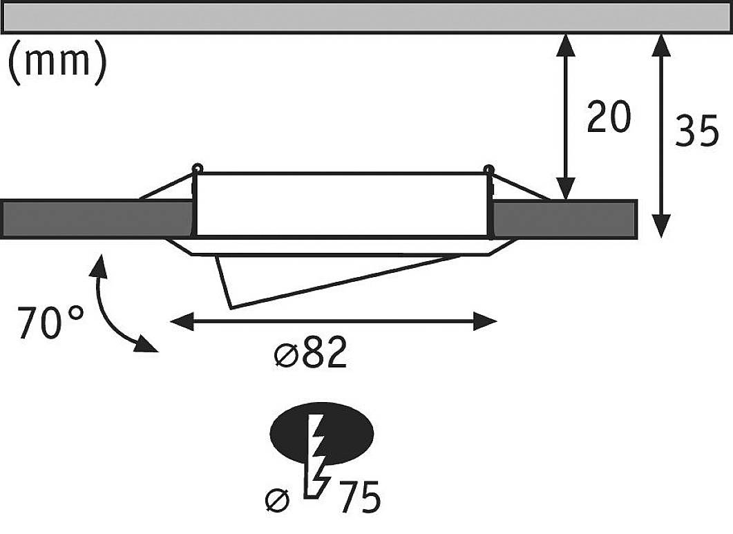 Diagram of a recessed downlight with dimensions: Total diameter 82 mm, Cut-out 75 mm, Installation depth 35 mm, Tilt angle 70°.
