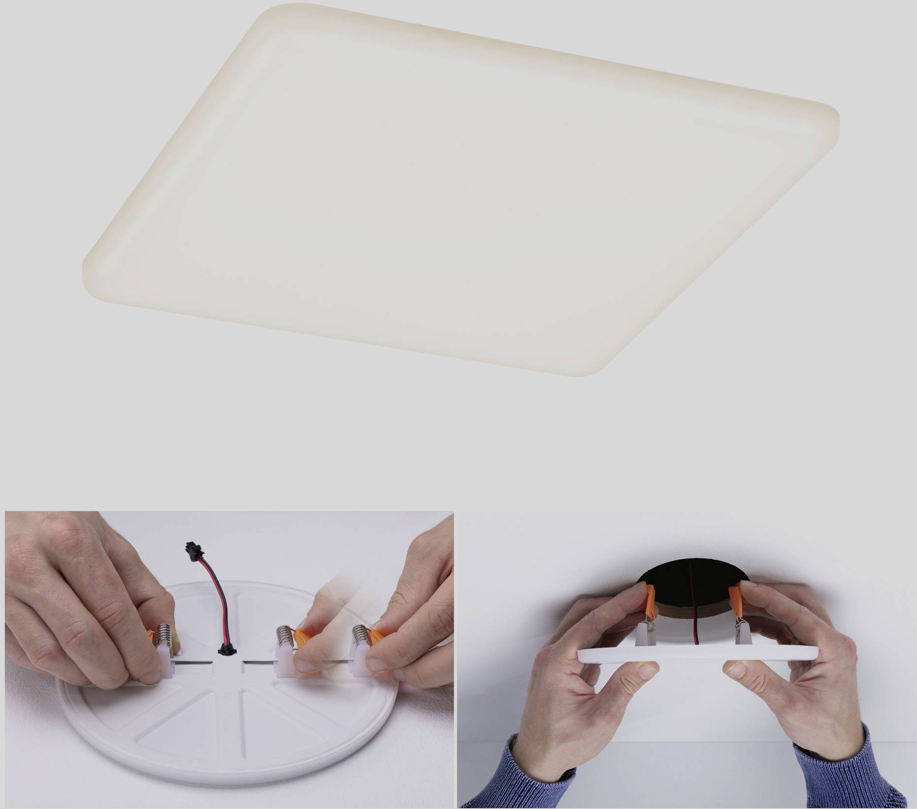 'Ceiling light with a square design. Below: Hands installing the light, connecting wires and securing the mounting bracket.'