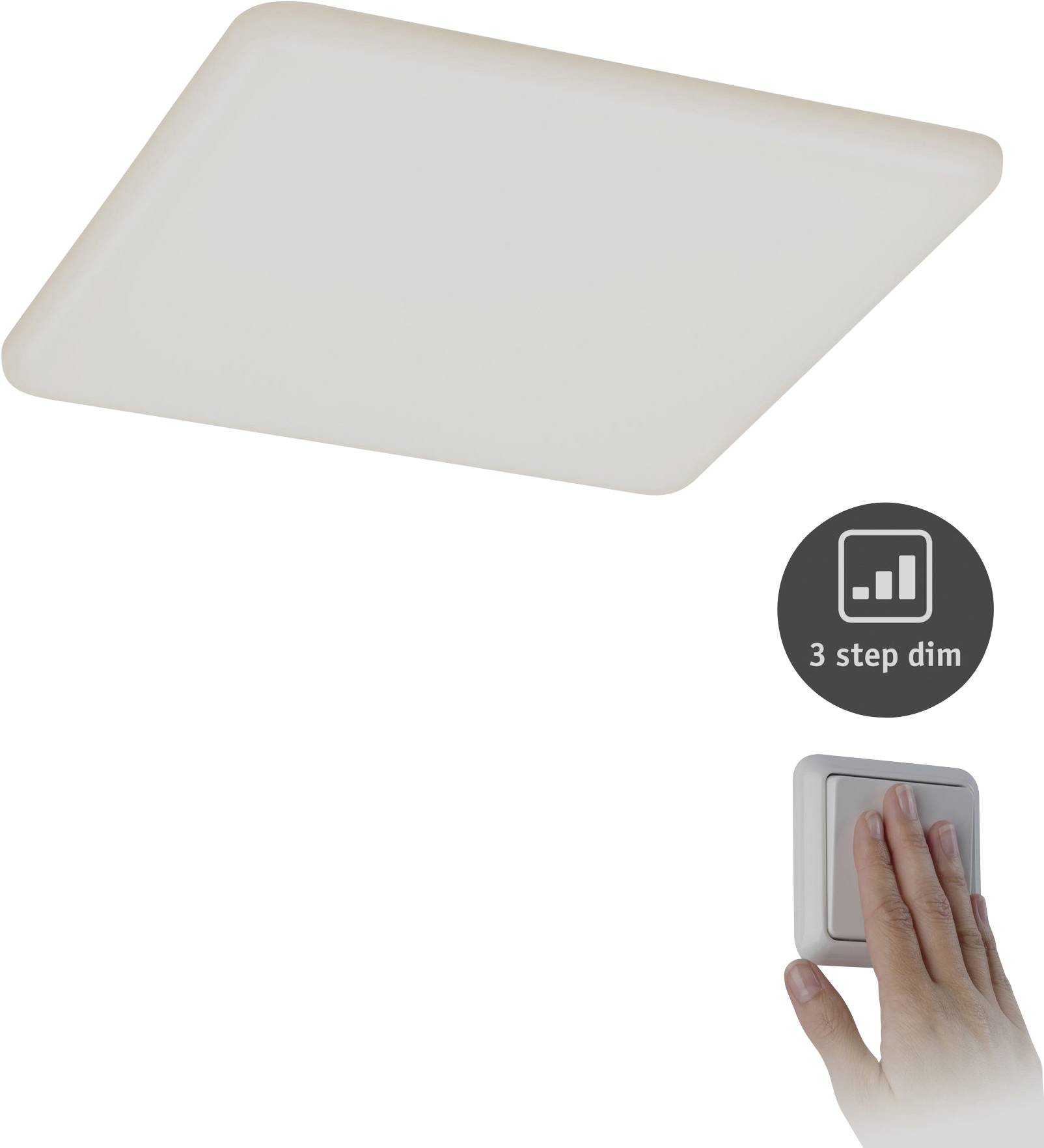 Square, flat ceiling light with three-stage dimmer symbol. Hand switches light on with wall switch.