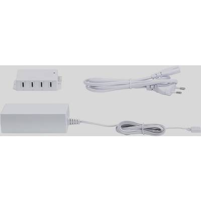 White charger with four USB ports and a detachable mains cable. Suitable for charging multiple devices simultaneously.