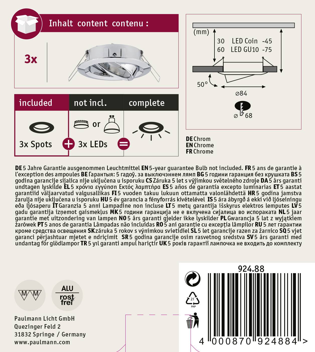 'Spotlight Set, 3 Ceiling Spotlights, includes: 3 x LED and 3 x GU10 Fittings, Diameter: 84 mm, Recessed Depth: 68 mm, Colour: Chrome.'