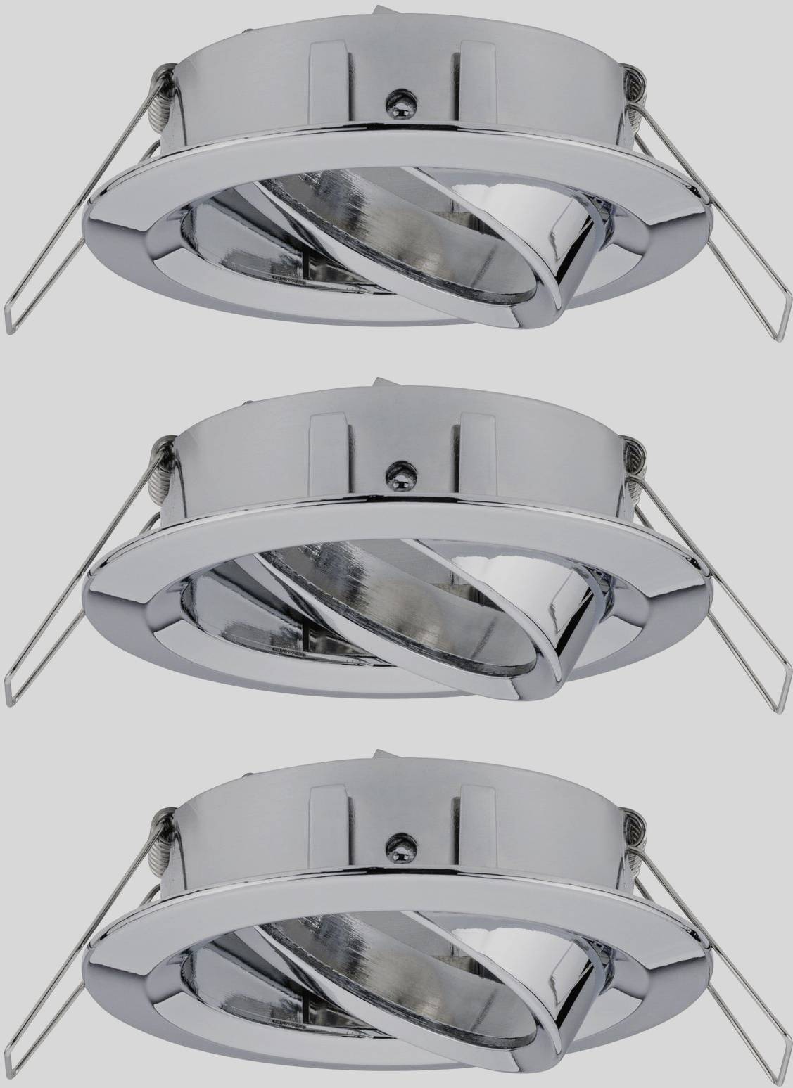 Three silver, round recessed spotlights, angled forwards, on a grey background. Suitable for modern lighting applications.