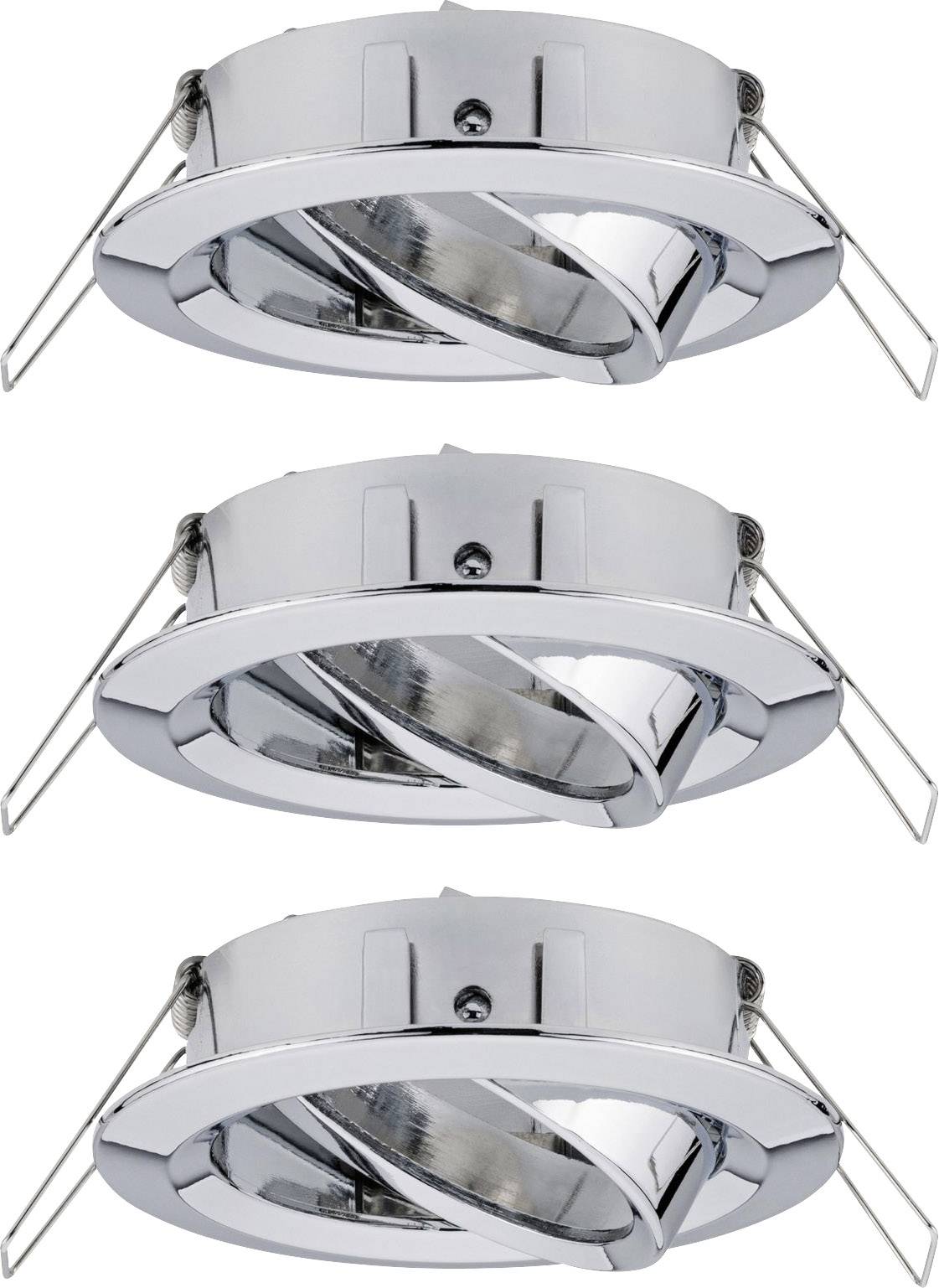 Three silver, round ceiling spotlights with adjustable insert, suitable for recessed ceiling installation, modern and minimalist design.