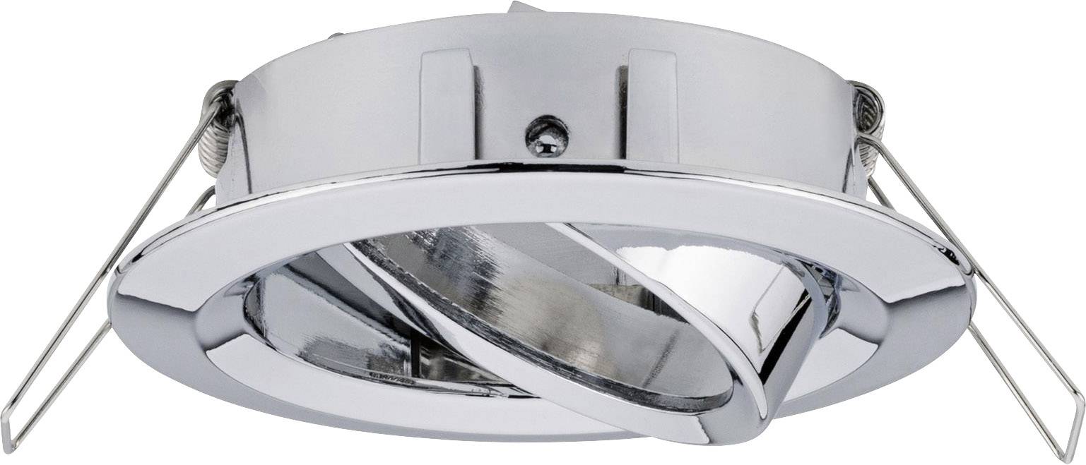 A round, silver recessed light with a pivoting reflector and two side mounting clips for ceiling installation.
