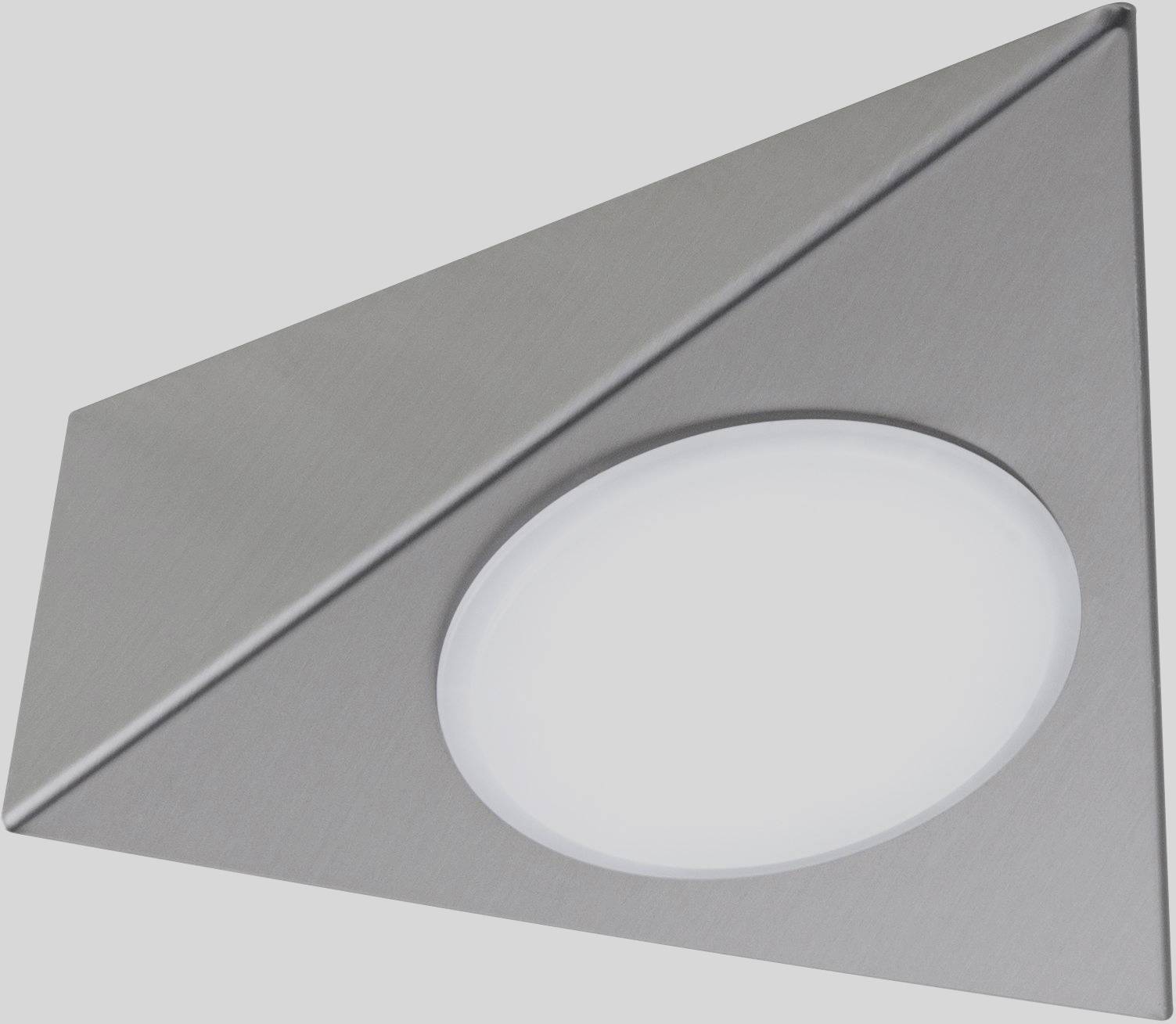 LED Ceiling Light in Triangular Shape, Silver-Coloured Housing with Central Circular Light Element, Suitable for Modern Spaces.