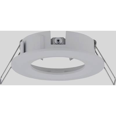 Round, white LED ceiling recessed light with metal clips on the sides for secure installation in the ceiling.