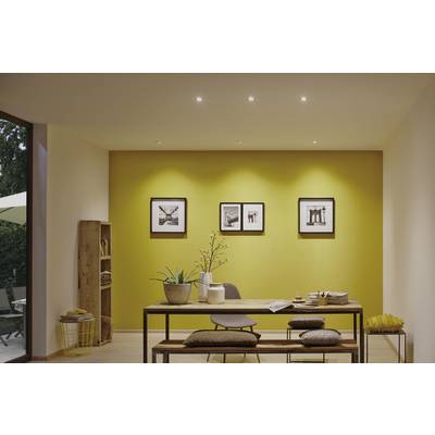 A contemporary space with a yellow accent wall and three framed black and white photographs. Wooden bench and table, decorated with plants and books.