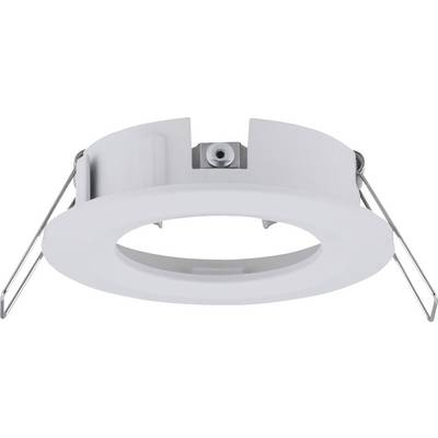 White-edged metal recessed mounting frame with spring-like clips on the sides, for installing recessed lighting fixtures.