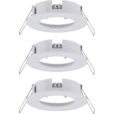 Three white, round LED recessed frames with side mounting brackets, stacked on top of each other, for ceiling installation.
