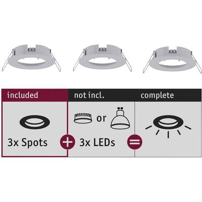 Three white ceiling spotlights with spring-loaded mountings. Instructions below: 3 spots included, 3 LEDs not included, complete when combined.