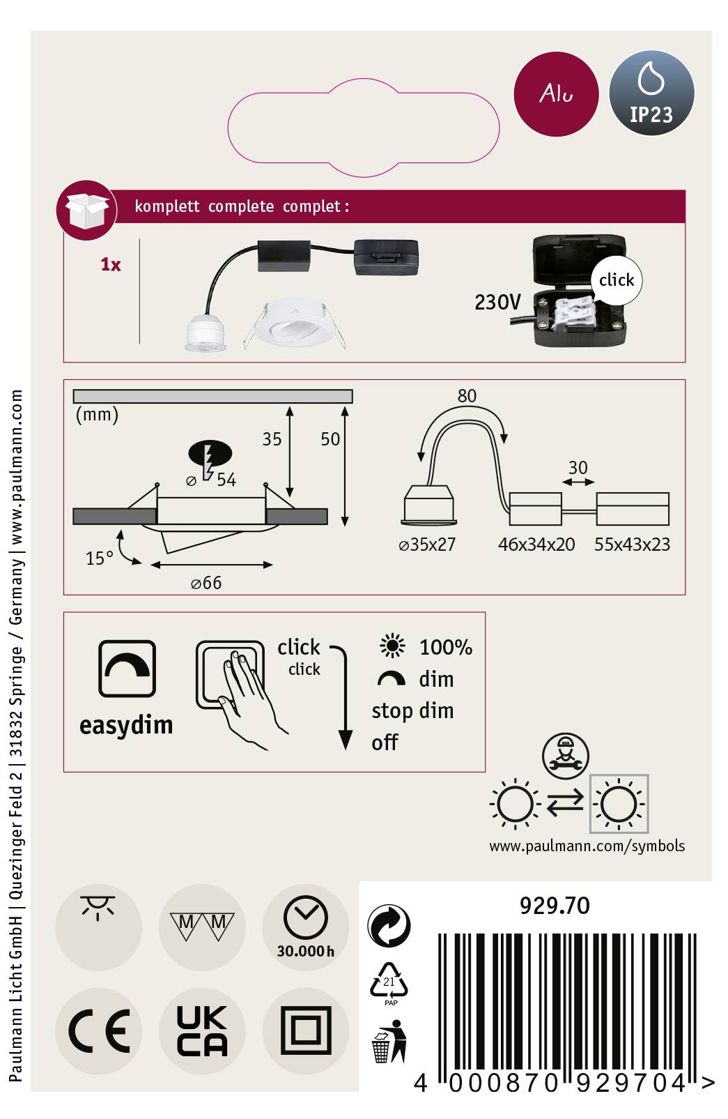 Installation Instructions for a Dimmable Light: Components, Dimensions, Voltage (230V), Protection Rating (IP23), Energy Efficiency and Dimmability Symbols.