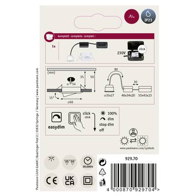 Installation Instructions for a Dimmable Light: Components, Dimensions, Voltage (230V), Protection Rating (IP23), Energy Efficiency and Dimmability Symbols.