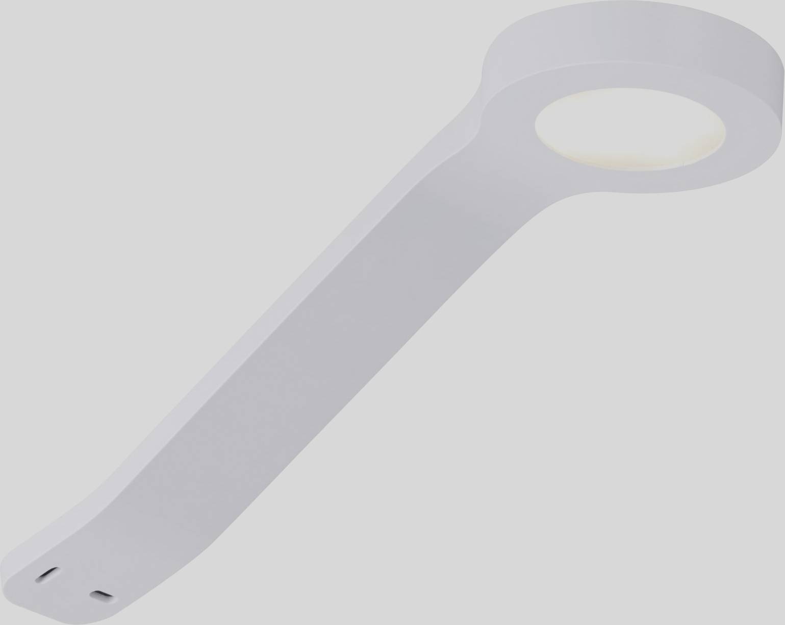 A modern, white LED wall light with a curved design that emits downward-facing light. Ideal for minimalist interior decor.